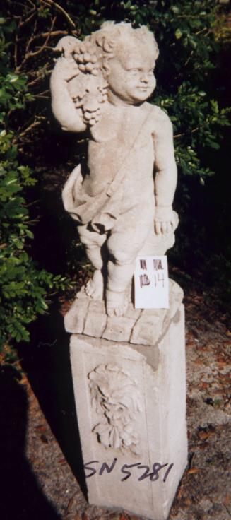 Putto holding grapes on left side of head