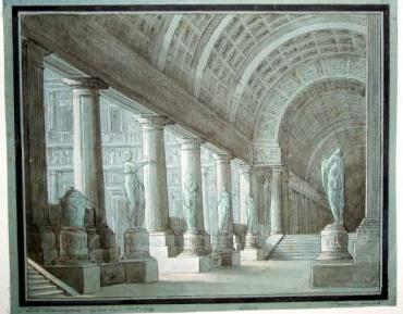 Design for a Stage Setting:  A Vaulted Loggia and Hall with Sculptured Figures.