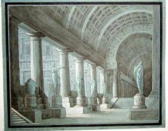 Design for a Stage Setting:  A Vaulted Loggia and Hall with Sculptured Figures.