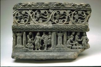 Siddhartha departing the palace on horseback and a seated Buddha