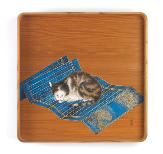 Serving Tray with Cat Sleeping on Lotus Sutra