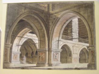 A Vaulted Two-Storied Hall, Stairs and Figure at Right