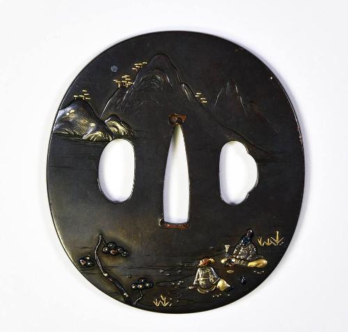 Tsuba with Design of Courtiers in a Landscape