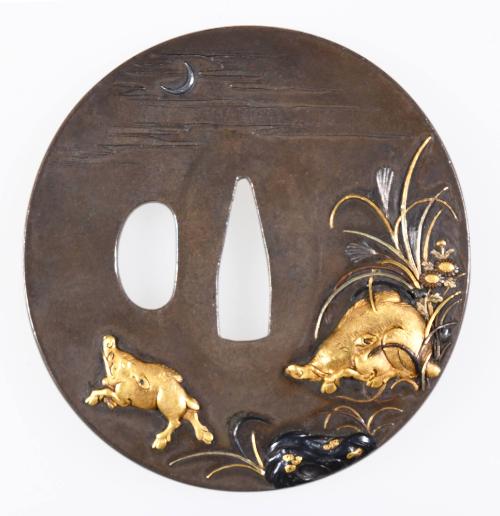 Tsuba with Design of Wild Boars under Moonlight