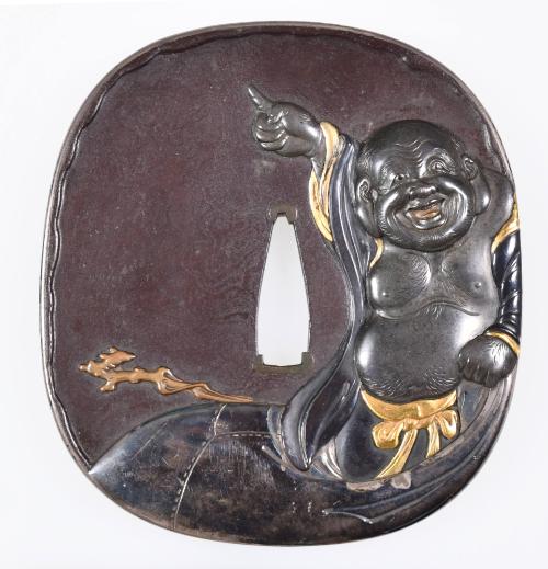 Tsuba with Hotei Pointing at the Moon