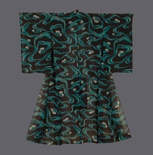 Hitoe (unlined) meisen silk kimono with abstract water motifs on black background