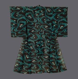 Hitoe (unlined) meisen silk kimono with abstract water motifs on black background