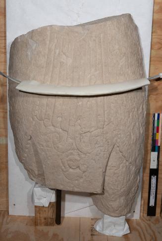 Lower torso and upper legs of a colossal male statue wearing a kilt with a head of Hathor flanked by uraeus snakes on the sash