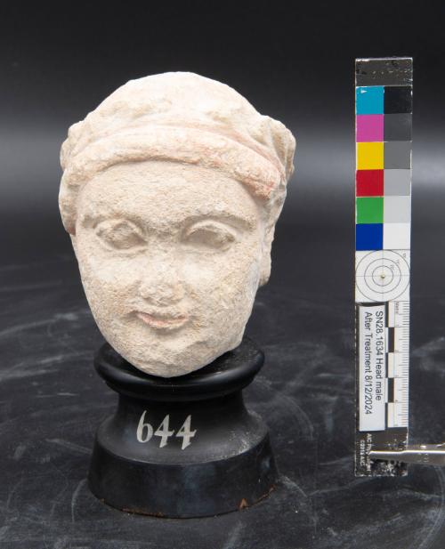 Male statuette head wearing a wreath of leaves