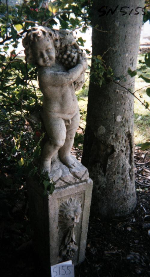 Putto holding bunch of grapes on left shoulder