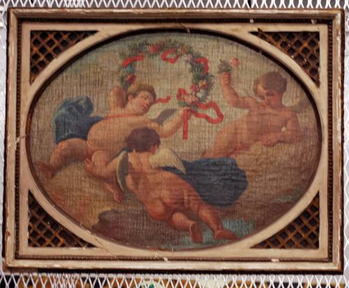 Three Putti, Red Ribboned Wreath