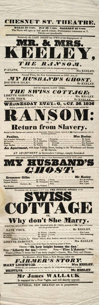 Chestnut Street Theatre: October 26, 1836