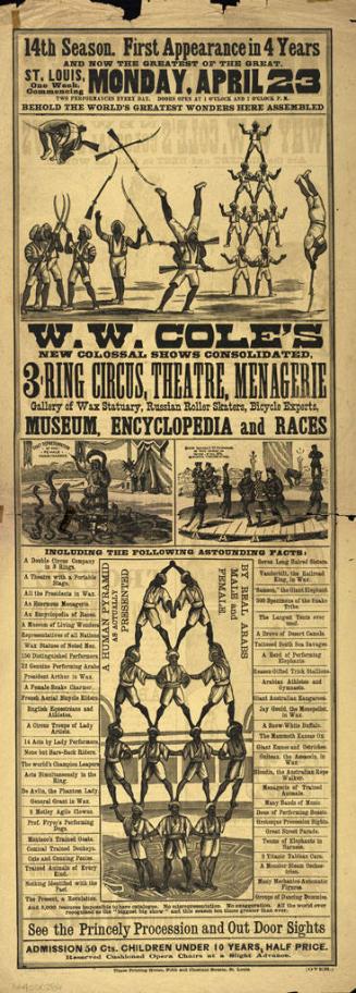W.W. Cole's New Colossal Shows Consolidated. 3 Ring Circus, Theatre, Menagerie, Gallery of Wax Statuary, Russian Roller Skaters, Bicycle Experts, Museum, Encyclopedia and Races