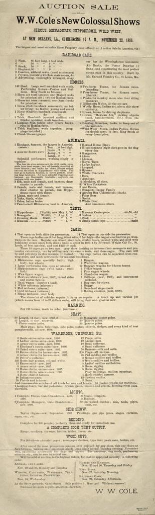 Auction Sale of W.W. Cole's New Colossal Shows Circus, Menagerie, Hippodrome, Wild West