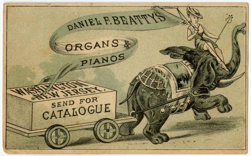 Elephant pulling flat wagon: Daniel F. Beatty's Organs & Pianos