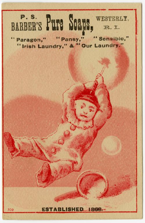 Child clown being lifted by bubble: Soaps