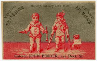Child clown with oboe and clown on crutches: Caterer