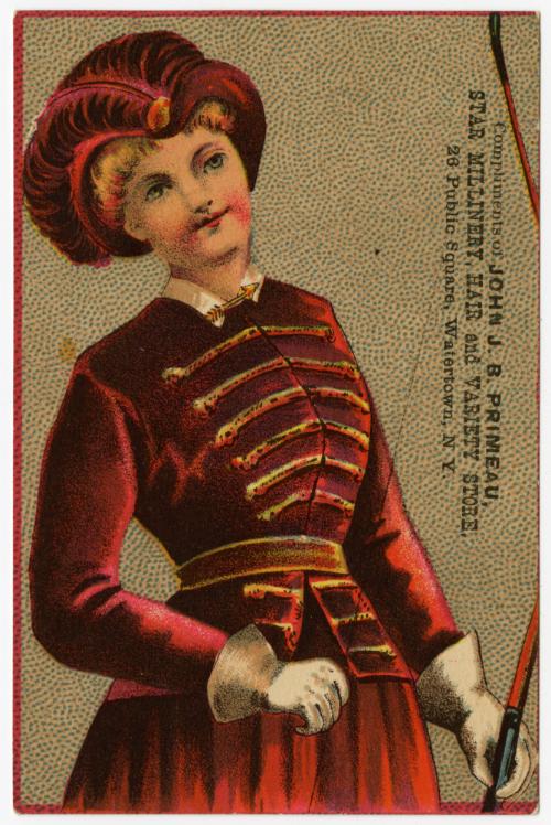 Woman in rich red skirt, coat, and hat