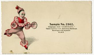 Sample No. 2562: Clown in pink costume jumping with mouth open
