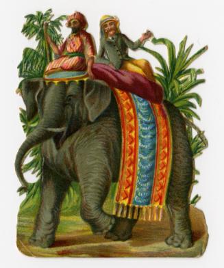 Indian elephant with colorful blanket, two riders