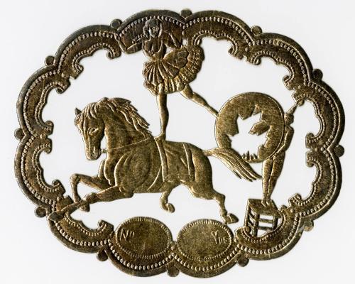 Silver ornament: Equestrian rider, clown, and hoop