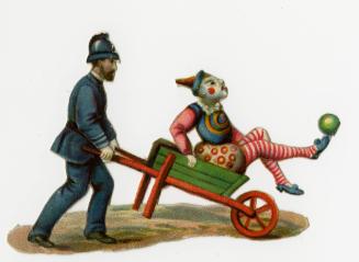 Police man pushing clown in wheelbarrow