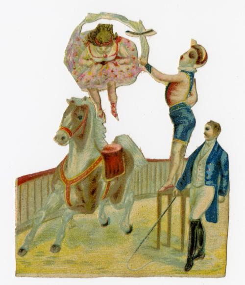 Equestrian artist jumping through hoop held by clown