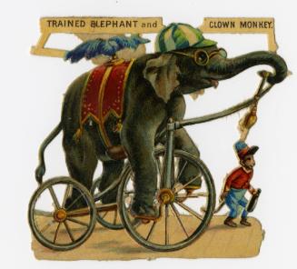 Trained elephant and clown monkey