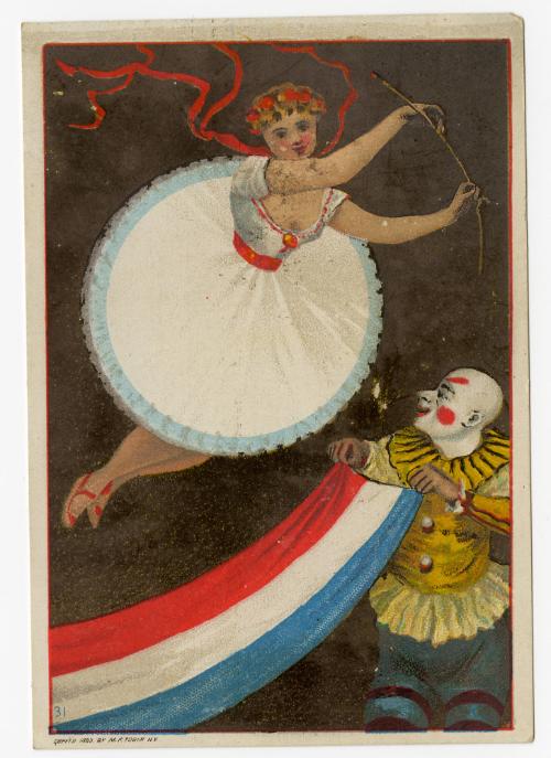 Woman leaping over red, white, blue banner