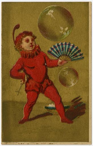 Young man in red suit, holding fan