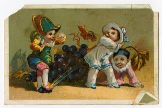 Three children playing around bunch of grapes