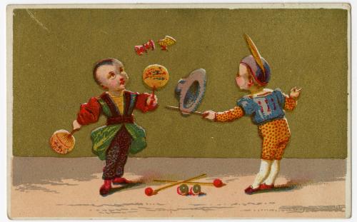 Child with paper fans, child spinning hat on stick
