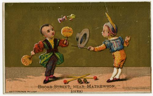 Child with paper fans, child spinning hat on stick; Providence Furniture Company