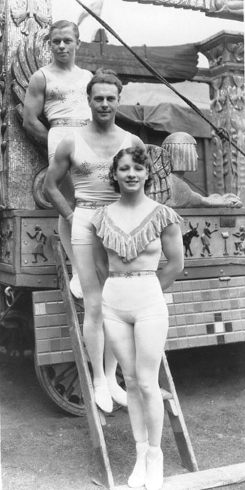 Shot of the Concello Flying Return Act staged on a circus wagon with Art and Antoinette Concell…