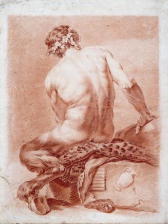 With his back turned to the viewer, a satyr rests on a leopard skin-draped stone, exposing his …