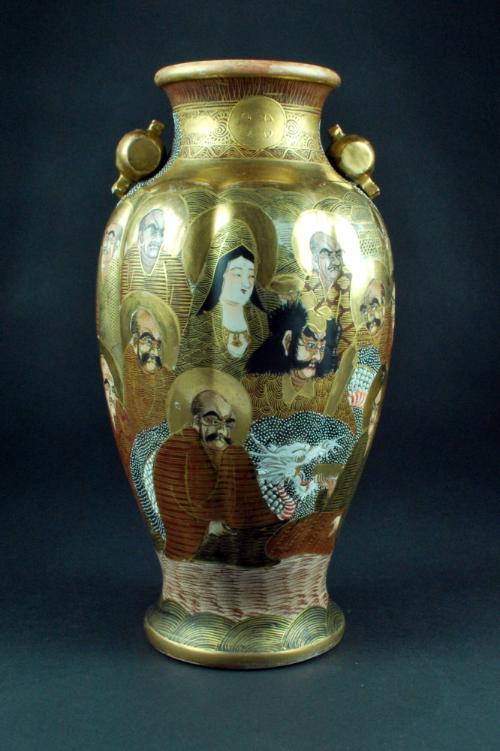 (Satsuma Tea Set) Vase with Bodhisattva of the South Sea and Arhats