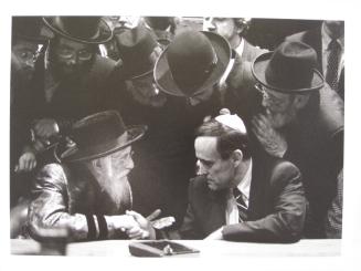 Grand Rabbi Solomon Halberstram with Rudolph W. Giuliani at Bobover Hasidic Headquaters, Borough Park, Brooklyn, New York