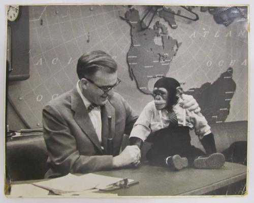J.Fred Muggs at NBC Today Show with Dave Garroway and another man