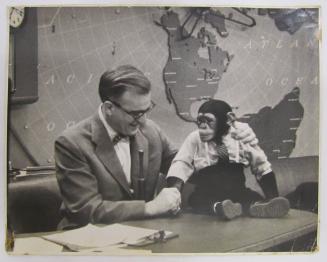 J.Fred Muggs at NBC Today Show with Dave Garroway and another man