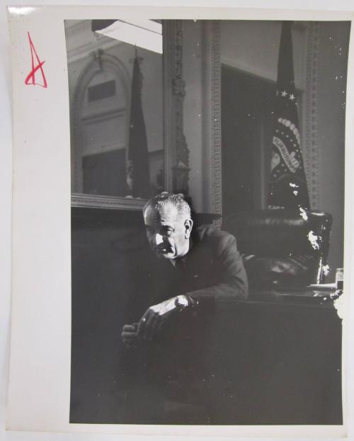 Lyndon Johnson Leaning Forward in the Chair at his Desk in the Executive Office Building