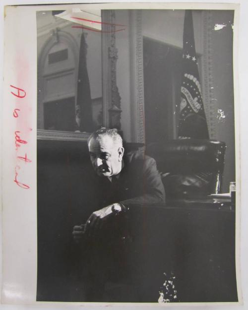 Lyndon Johnson Leaning Forward in the Chair at his Desk in the Executive Office Building