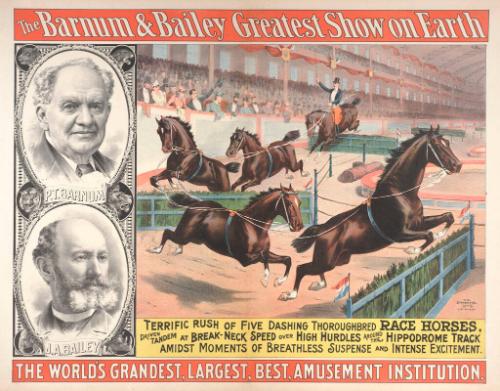 Barnum & Bailey: Five Race Horses Driven Tandem Over Hurdles