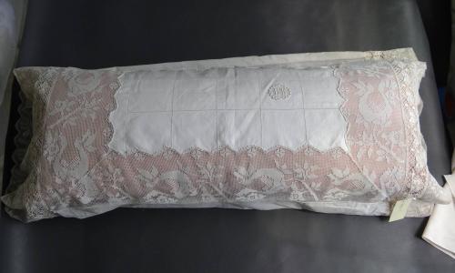 Rectangular Purple Silk Pillow with a Monogrammed Gridded Lace Pillowcase