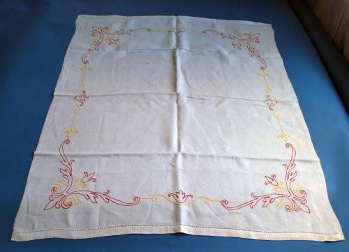 Red and Yellow Embroidered White Linen Napkins and Tablecloth