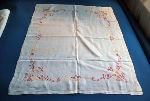 Red and Yellow Embroidered White Linen Napkins and Tablecloth