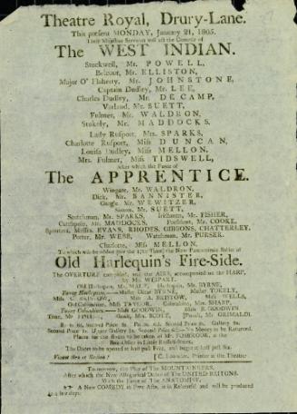 Handbill for Theatre Royal, Drury Lane. January 21, 1805