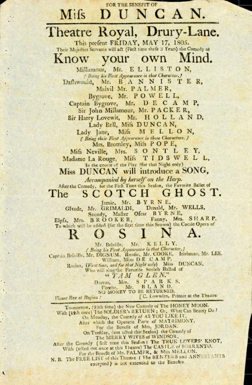 Handbill for Theatre Royal, Drury Lane. May 17, 1805