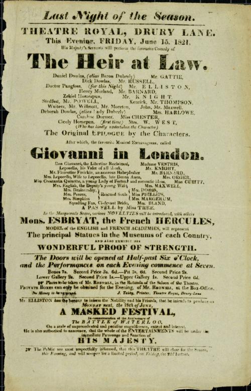 Handbill for Theatre Royal, Drury Lane. June 15, 1821