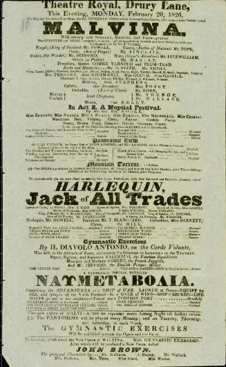Handbill for Theatre Royal, Drury Lane. February 20, 1826
