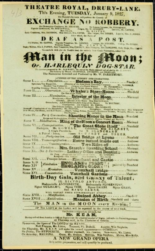 Handbill for Theatre Royal, Drury Lane. January 9, 1827